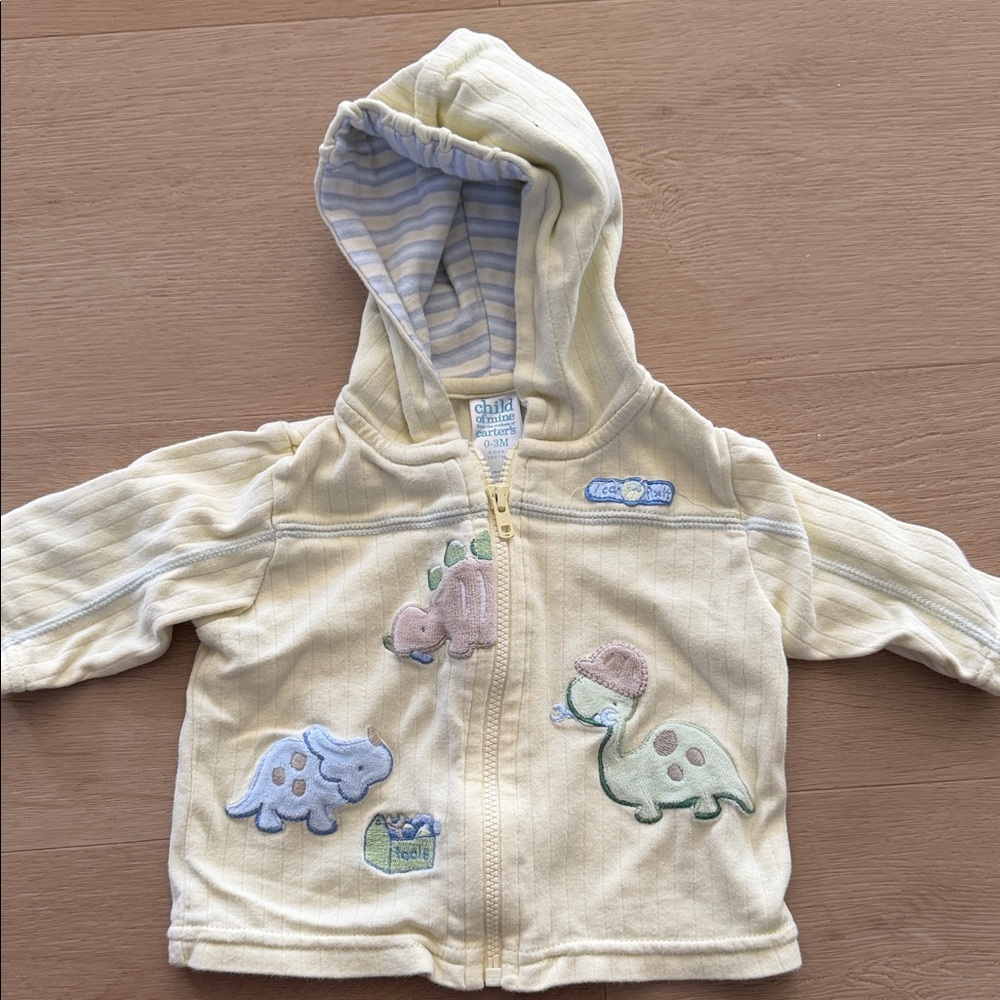 VINTAGE Baby Hooded Zip Jacket with Dino Appliqués - Pale Yellow